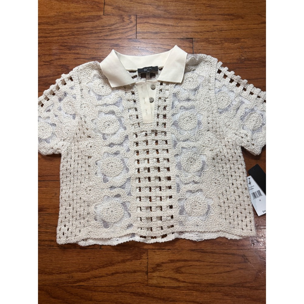 BCX Women Natural Crochet Polo Shirt Floral Knit Short Sleeve Top Medium NEW